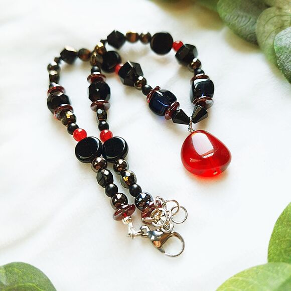 Goth Black Glass & Stone Beaded Choker with Red Teardrop Pendant, Adjustable - Picture 13 of 14